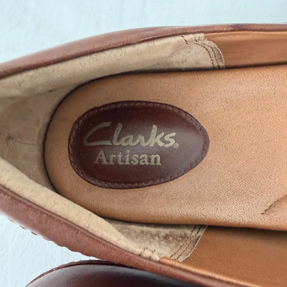 Clarks‎ Artisan Womens Brown Leather Wedge Loafers Round Toe Shoes 10M 66536